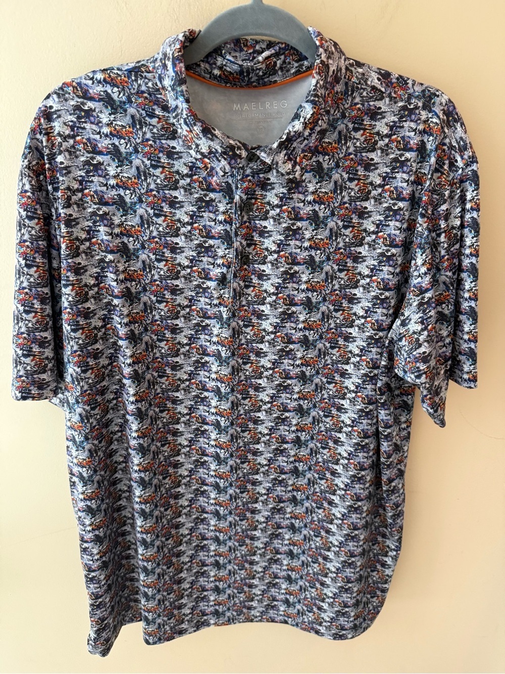 Maelreg Performance Polo Shirt golf angry dinosaur print Short Sleeve‎ size XL